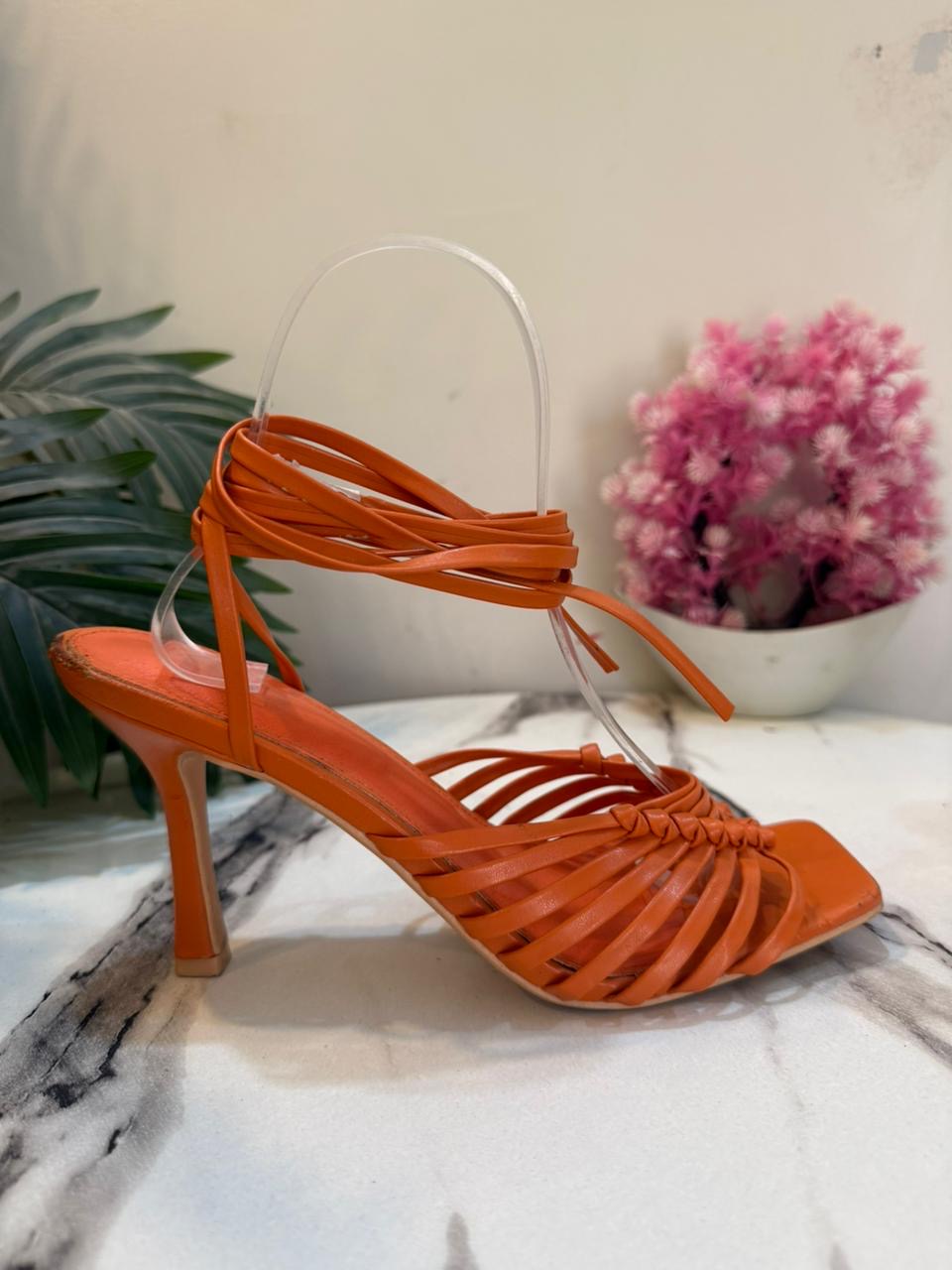 Orange laceup heel