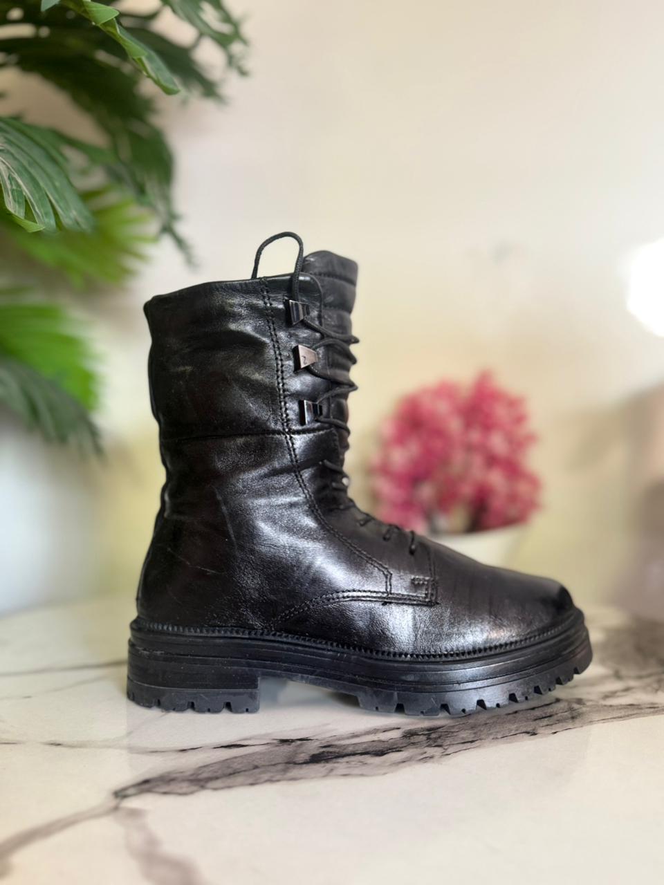 Black leather zipper lace up ankle boot (unknown)