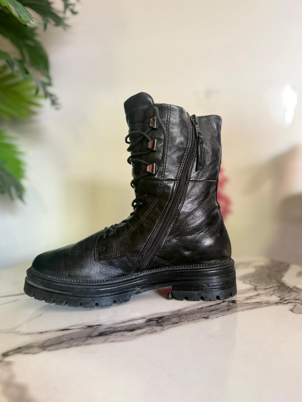 Black leather zipper lace up ankle boot (unknown)