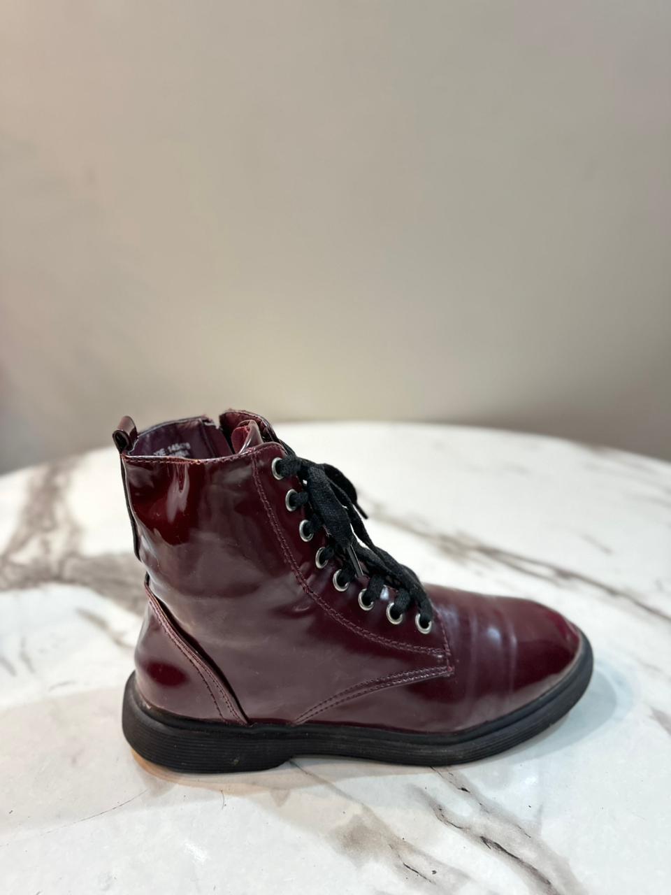 Maroon patent zipper lace up ankle boot (Primark)