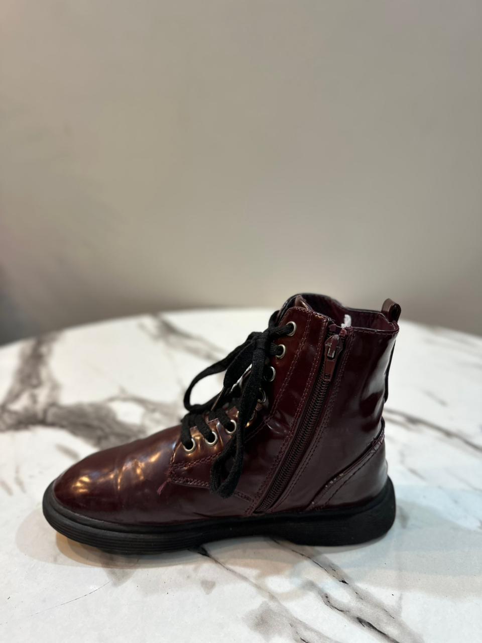 Maroon patent zipper lace up ankle boot (Primark)