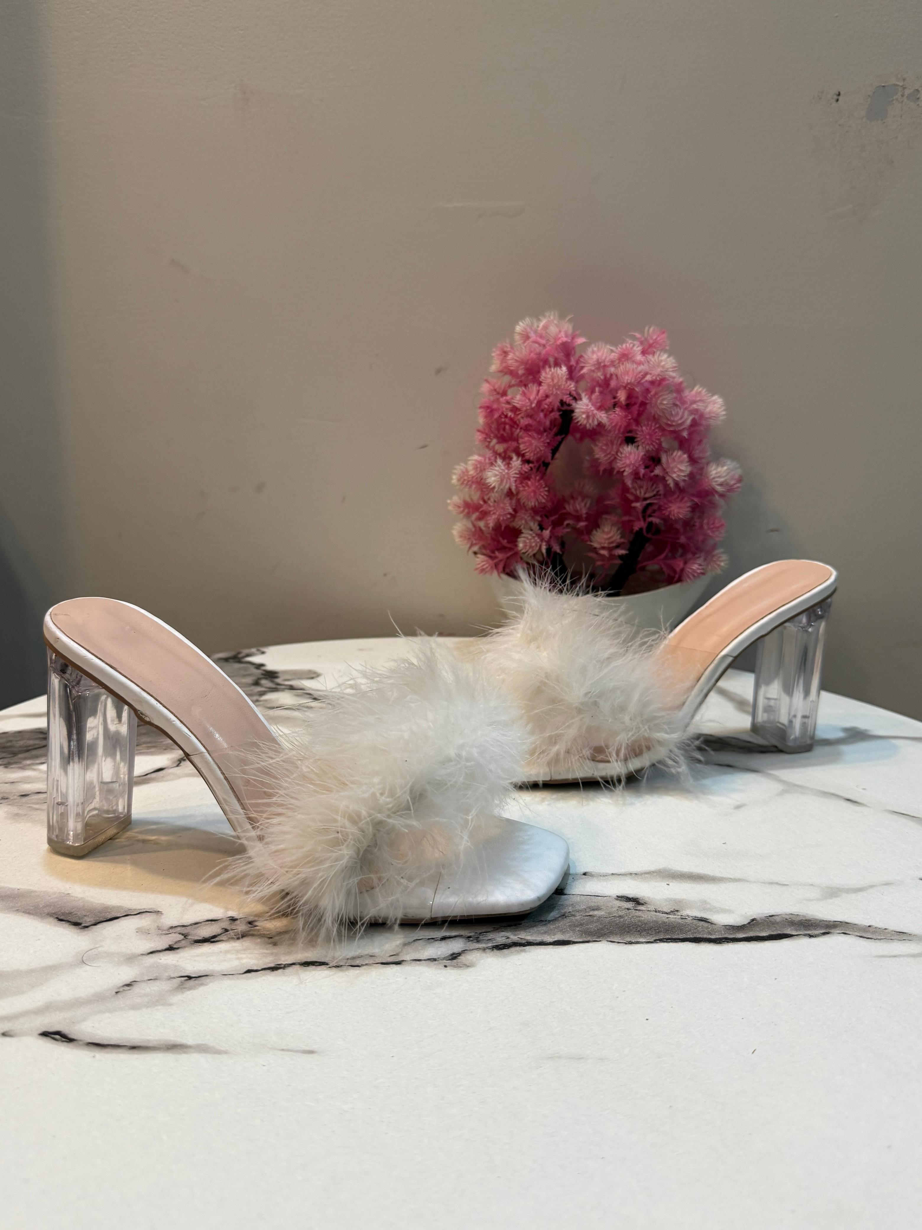 White fur block heel