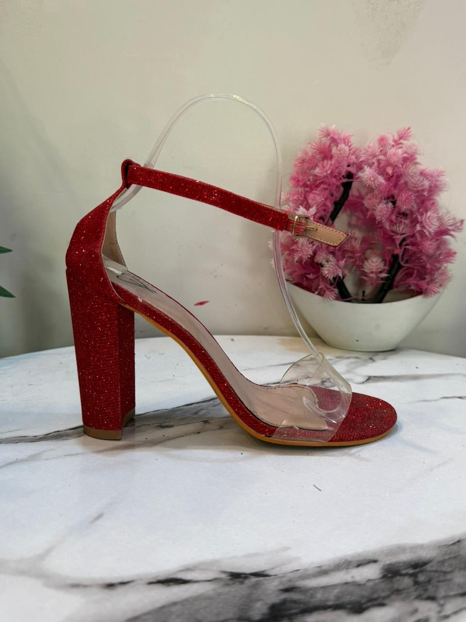 Red shimmery block heel