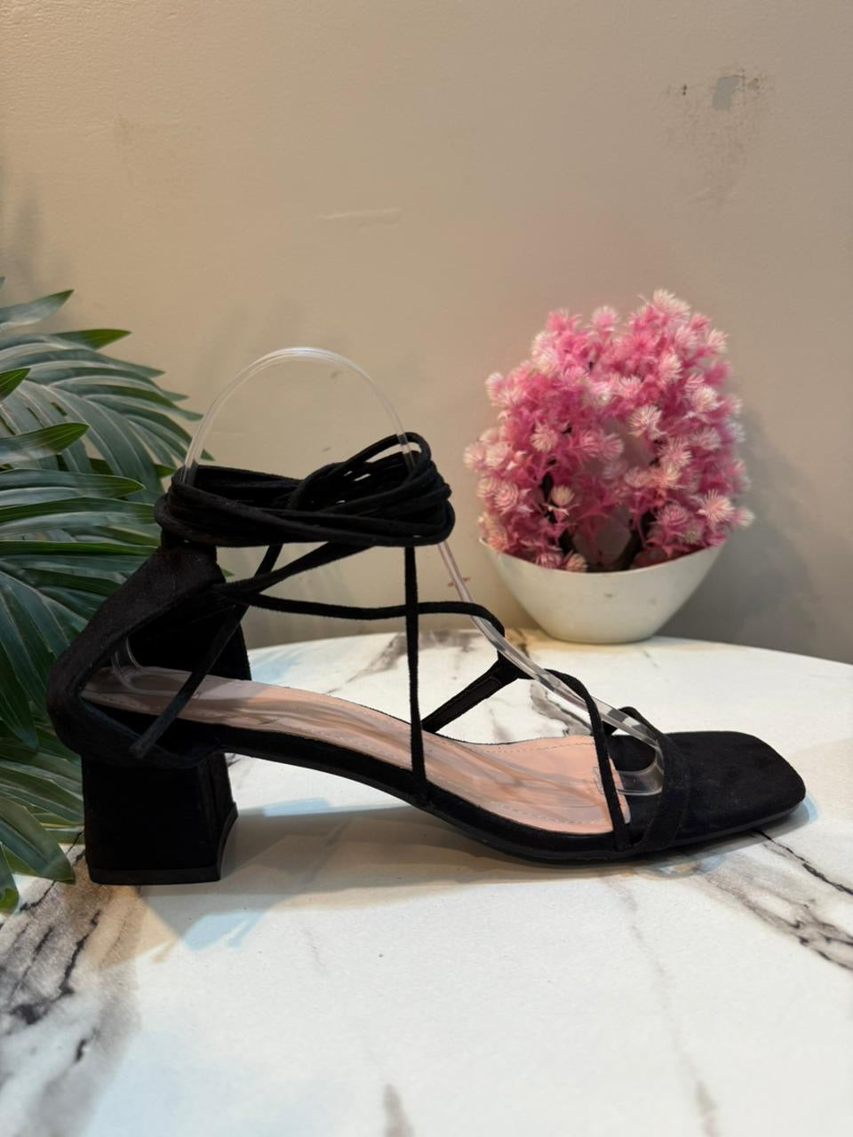 Black laceup kitten heel
