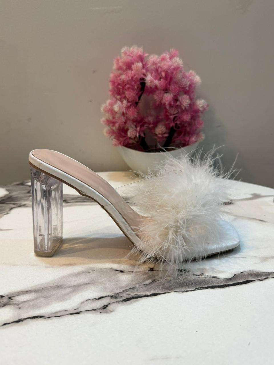 White fur block heel