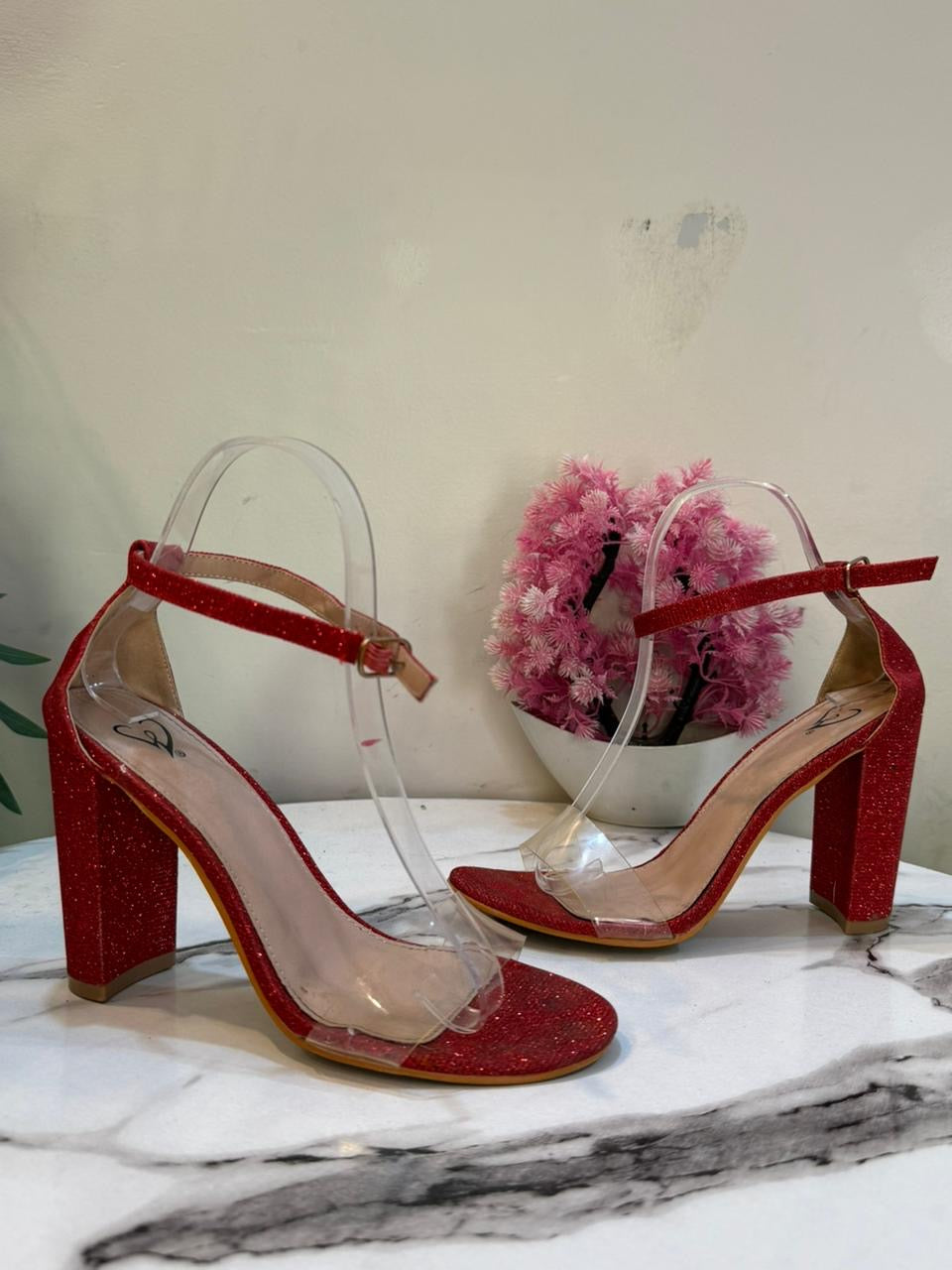 Red shimmery block heel