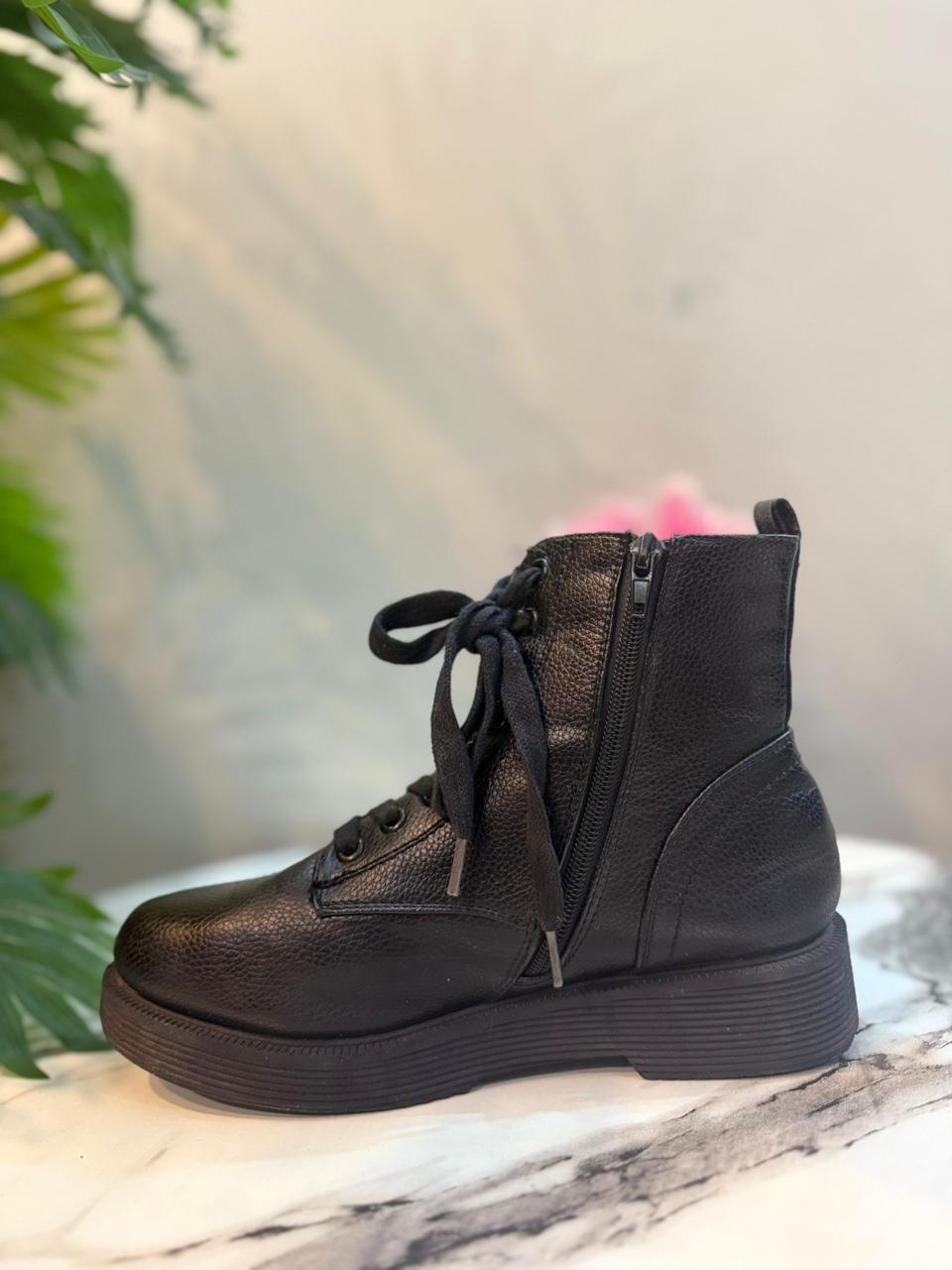 Black leather lace up zipper ankle boot (New look)
