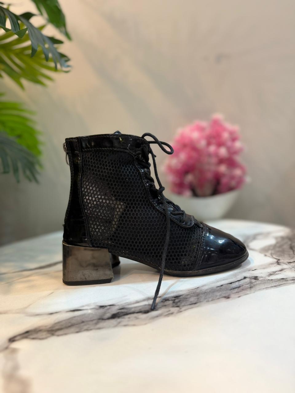Black net zipper ankle boot (unknown)