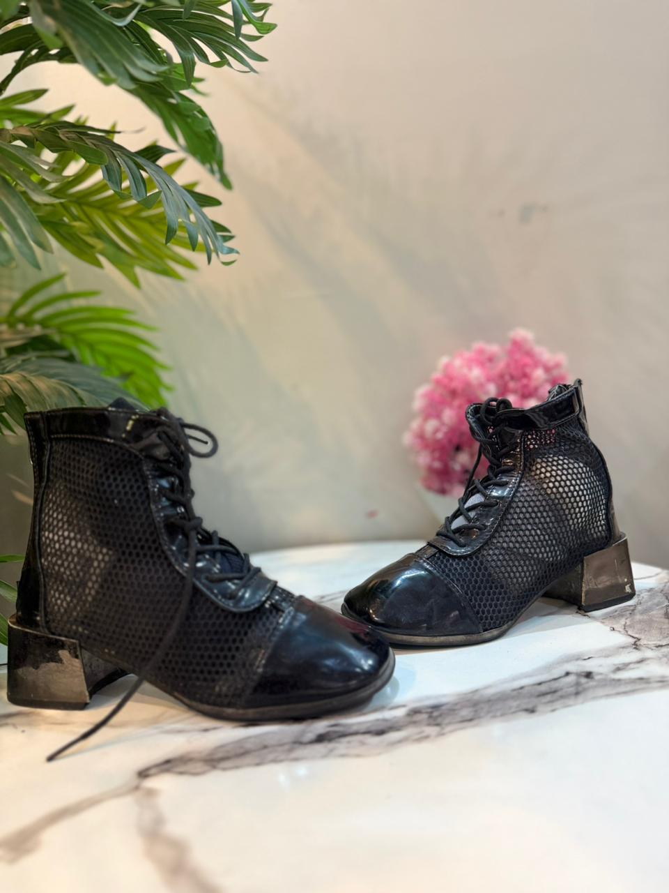 Black net zipper ankle boot (unknown)