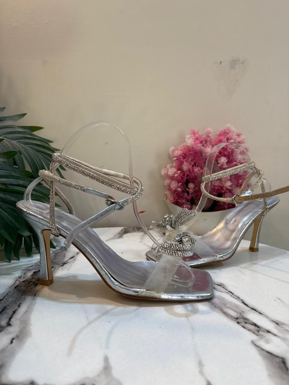 Silver laceup heel