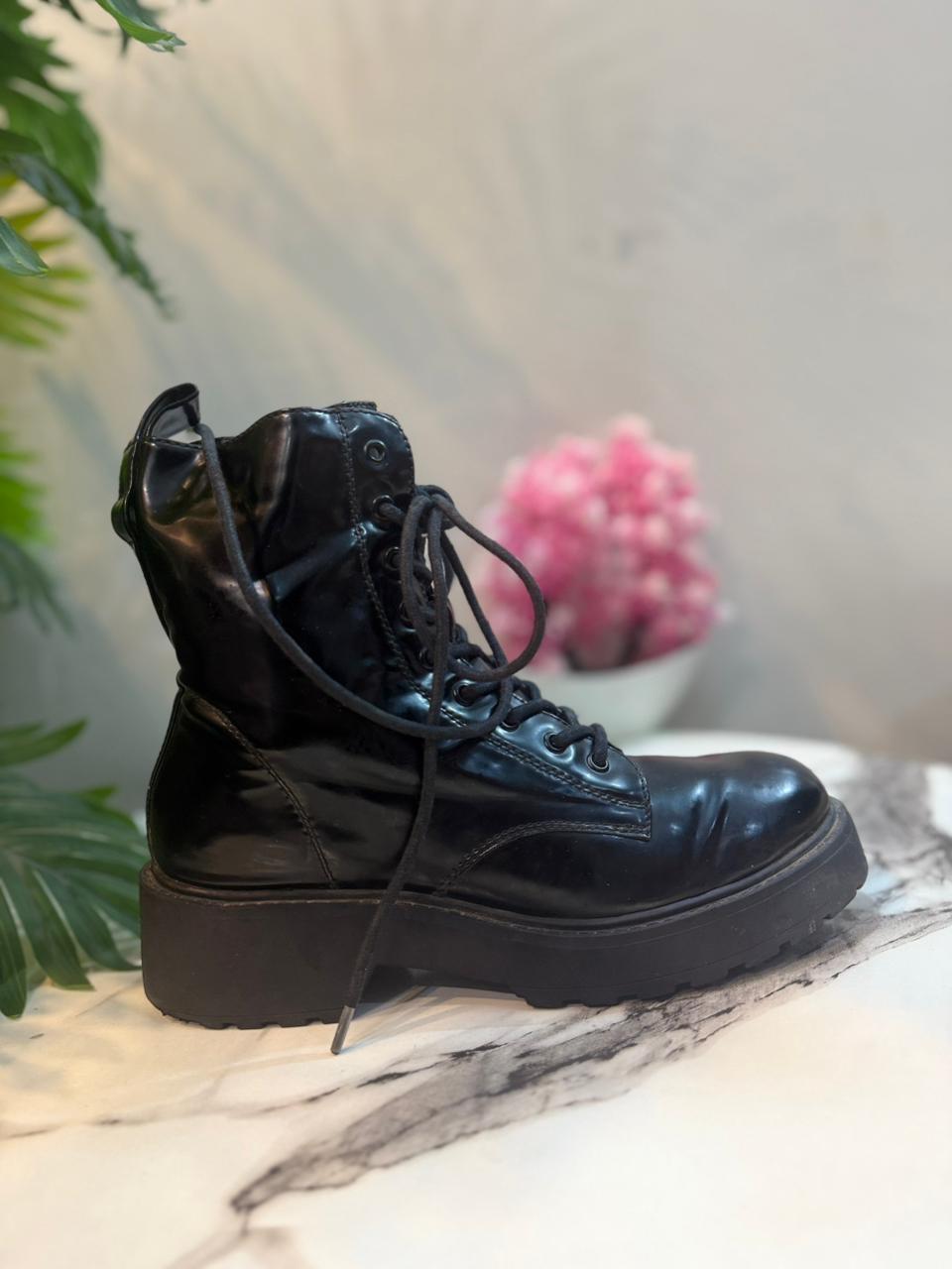Black patent leather zipper lace up ankle boots (unknown)