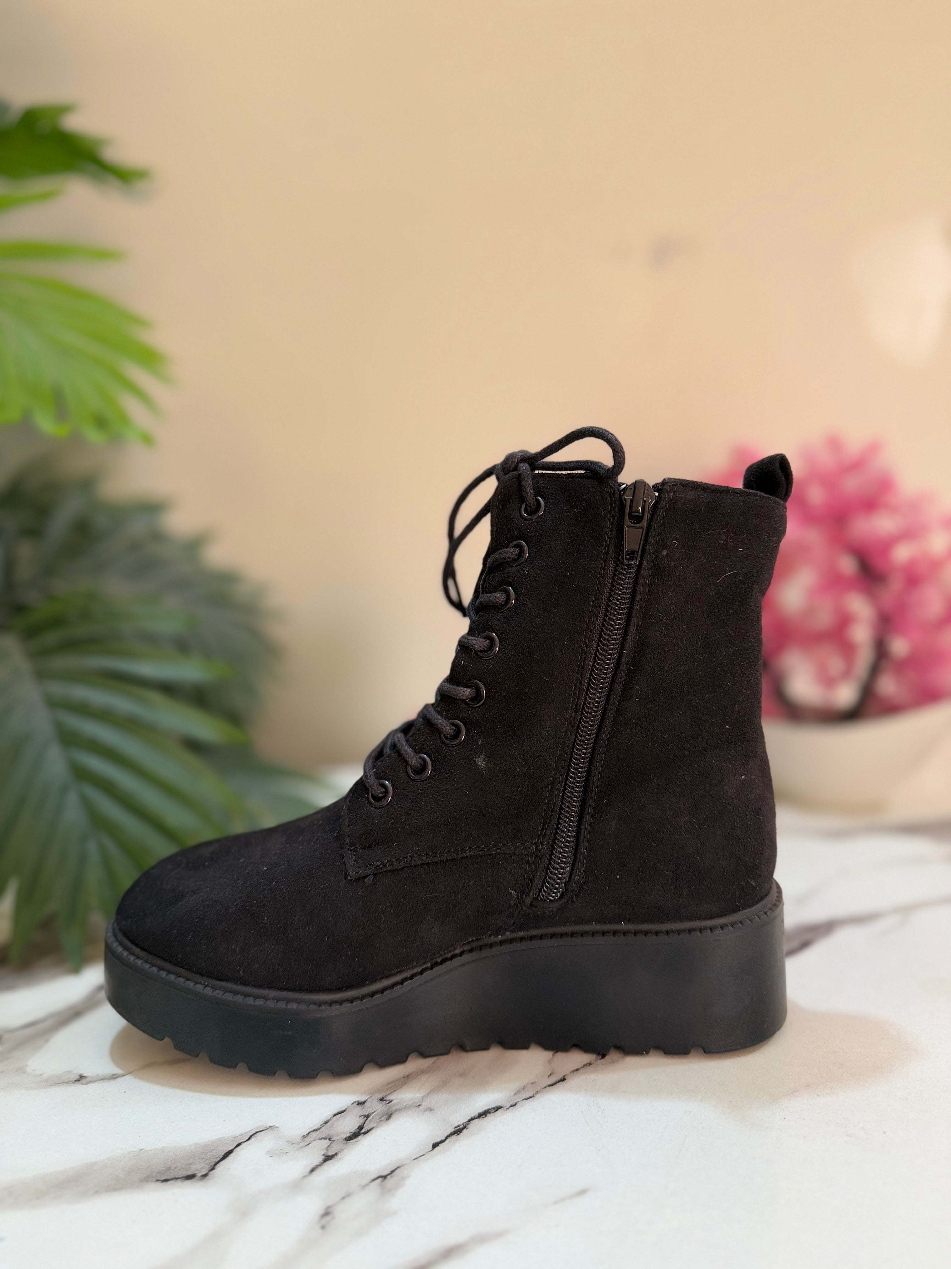 Black suede wedge laceup zipper ankle boot