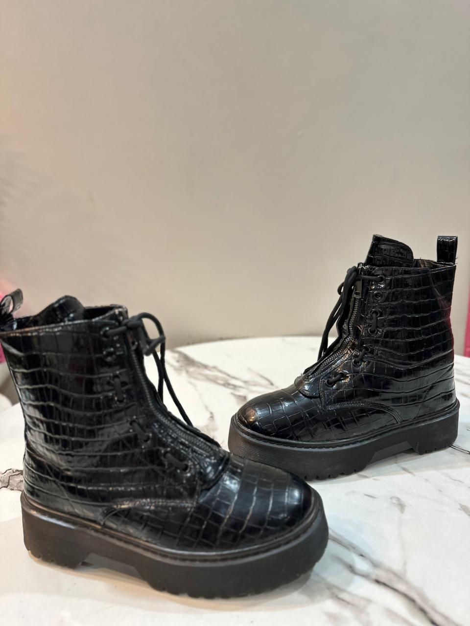 Black textured leather ankle boots (European brand)