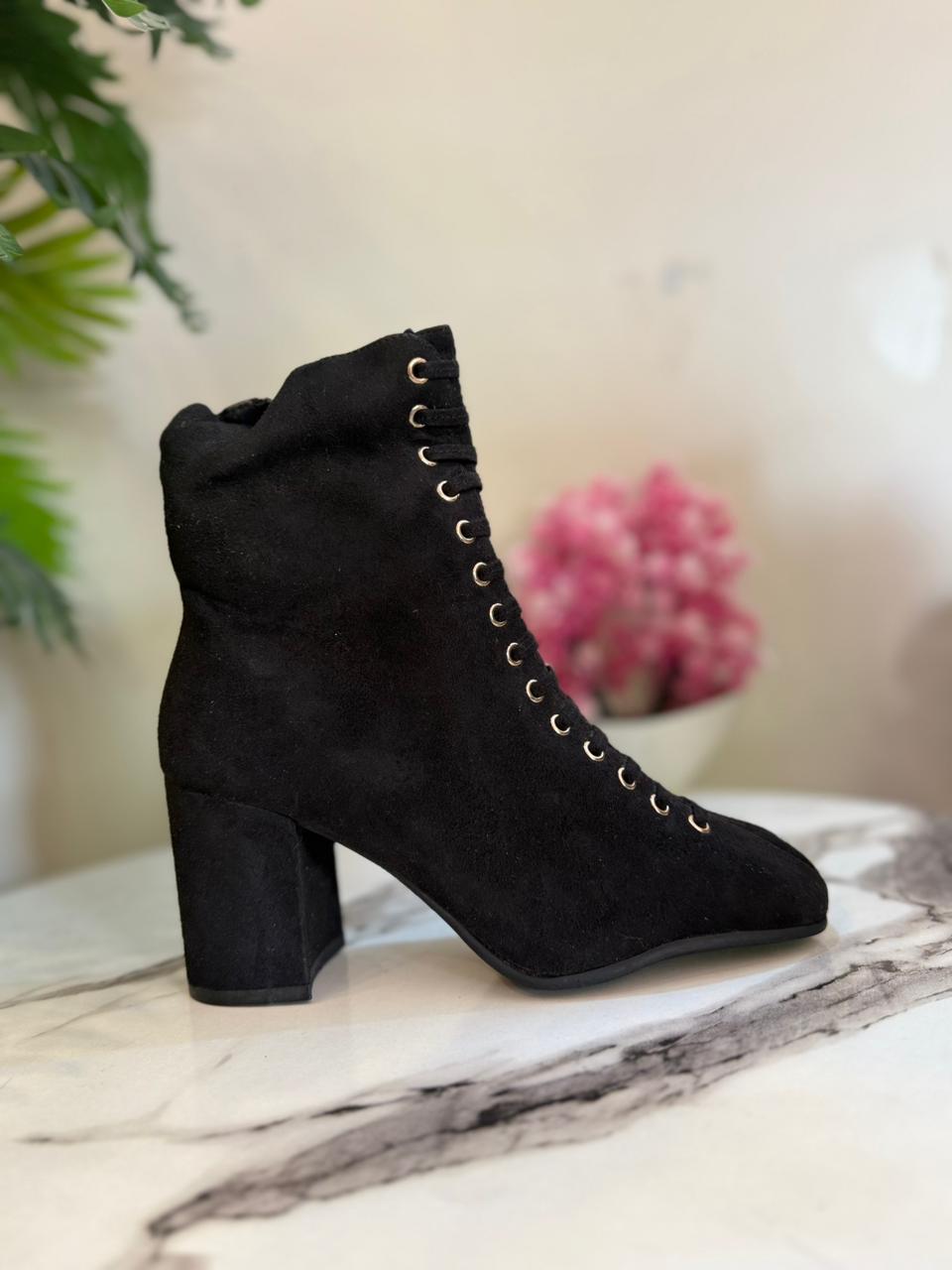Black suede lace up zipper ankle boot (Unknown)