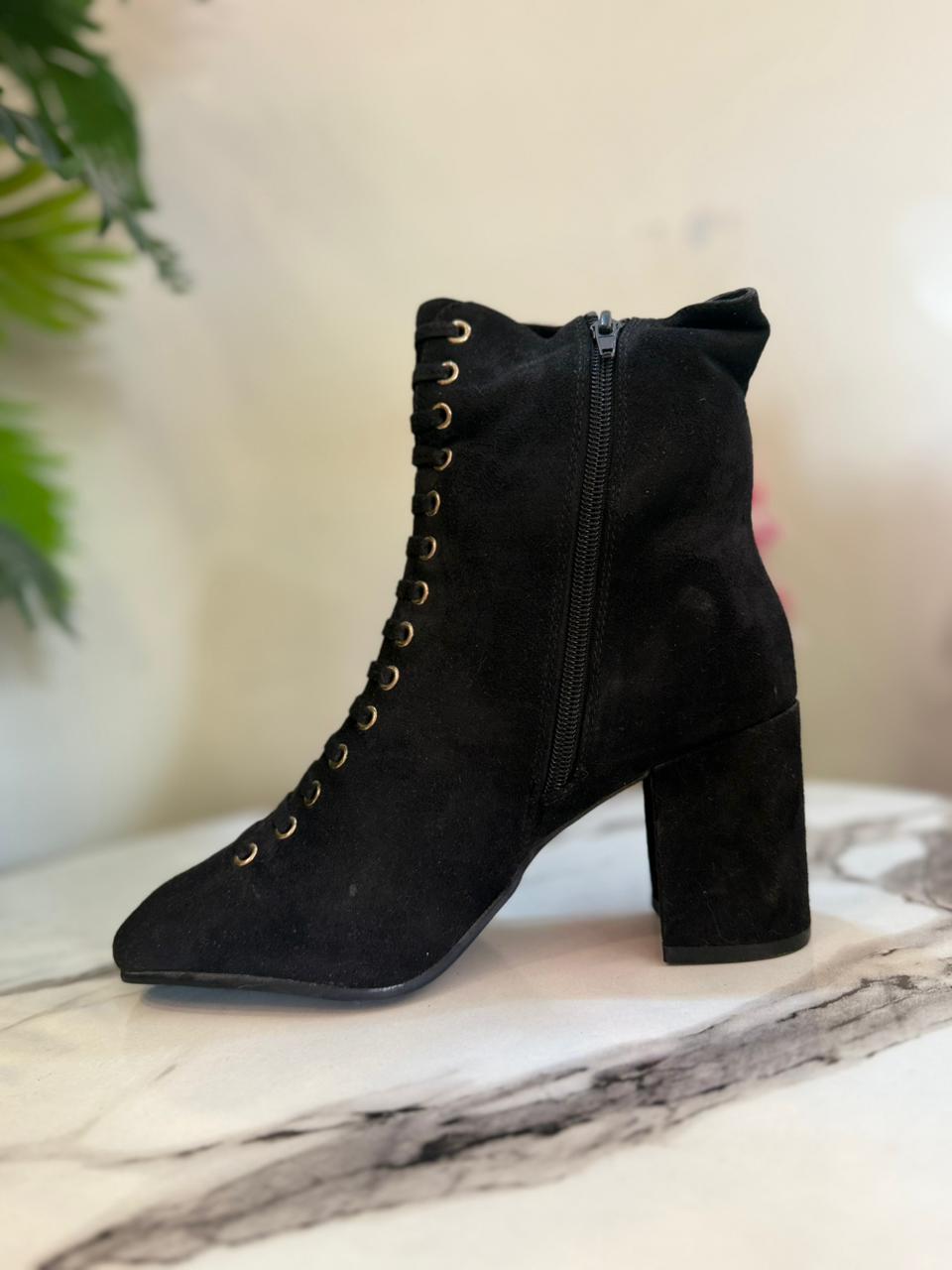 Black suede lace up zipper ankle boot (Unknown)