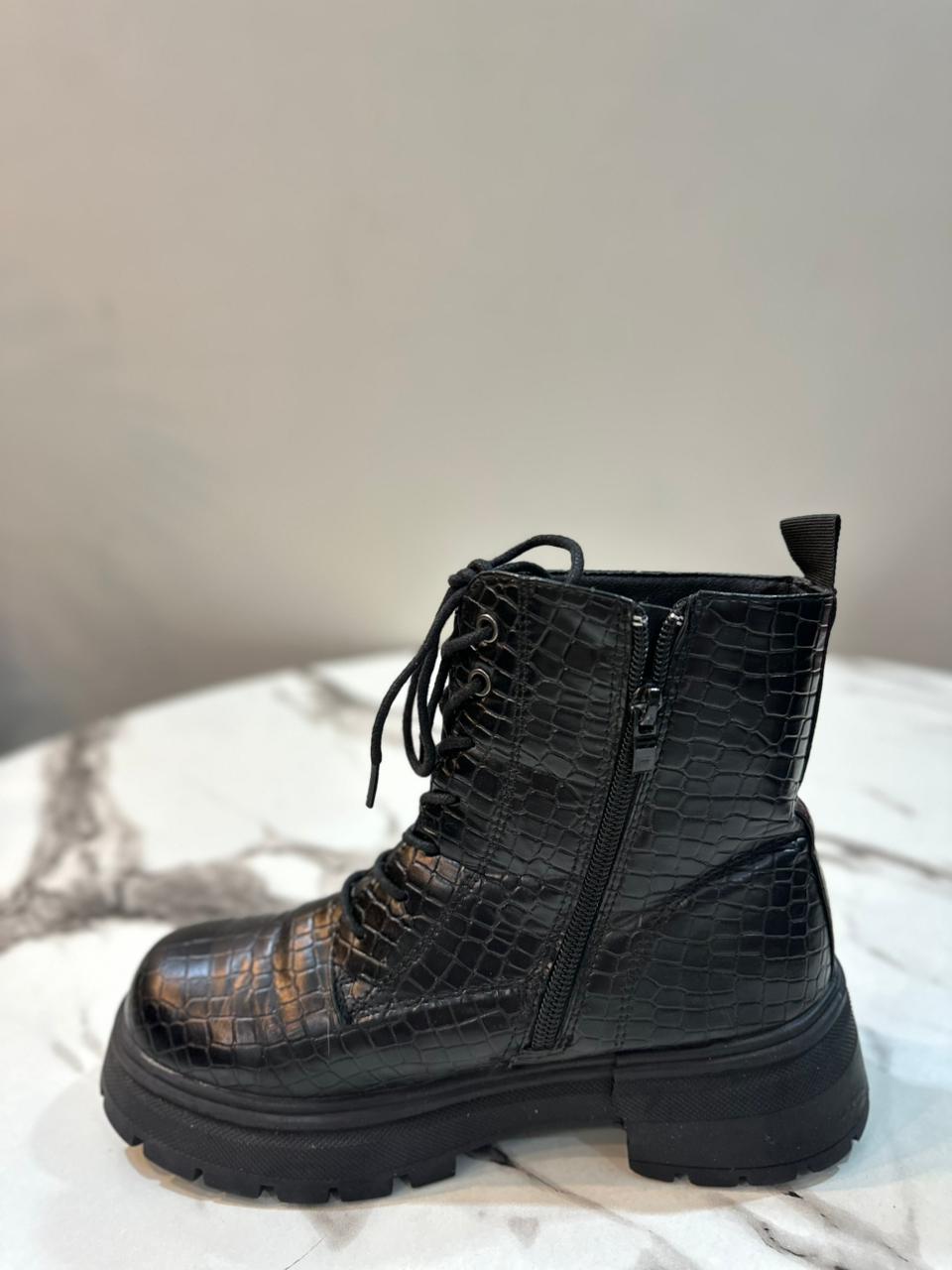Black textured leather zipper lace up ankle boot (Odrey women)
