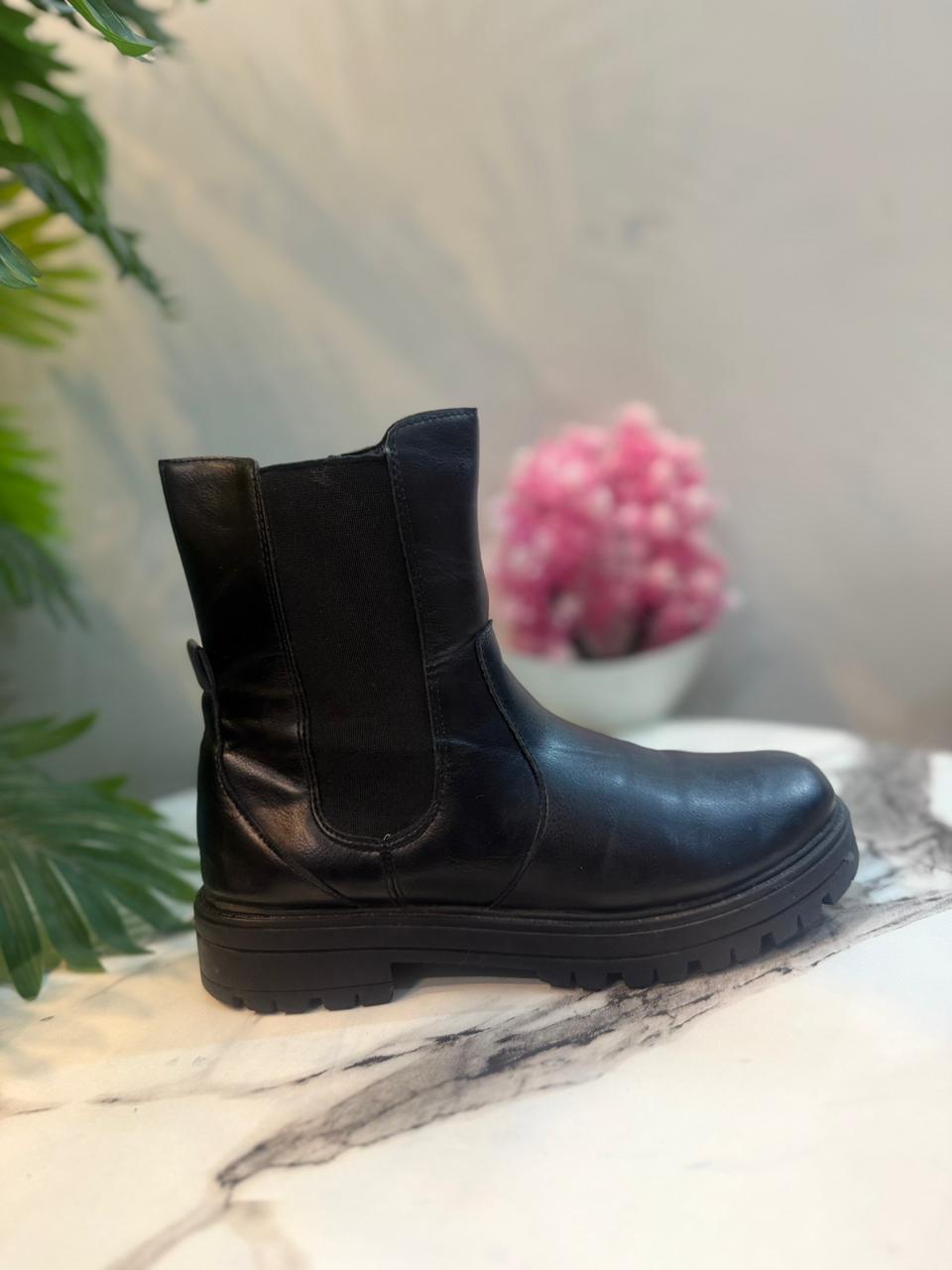 Black leather zipper ankle boots