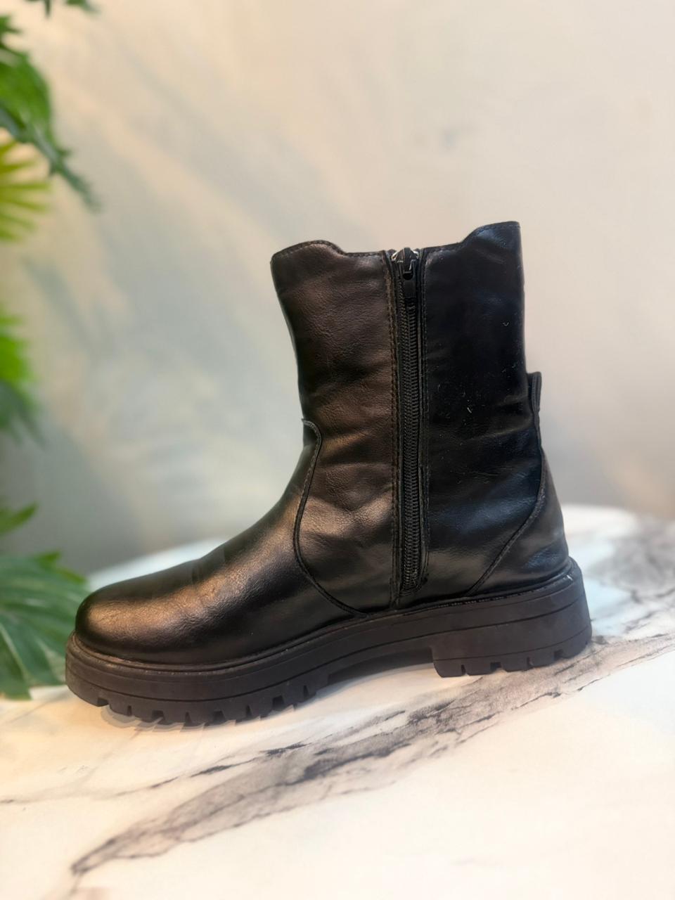 Black leather zipper ankle boots