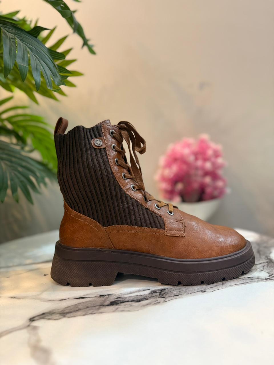Brown leather zipper lace up ankle boot (European brand)