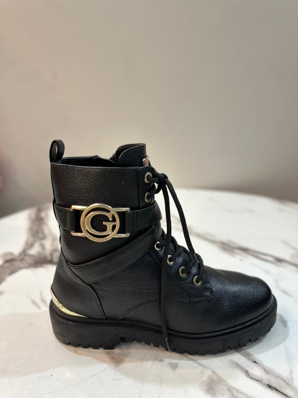Black leather lace up zipper ankle boot (guess)