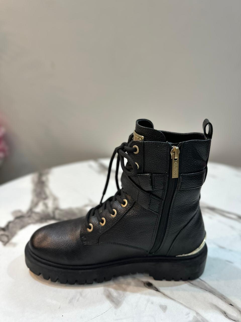 Black leather lace up zipper ankle boot (guess)