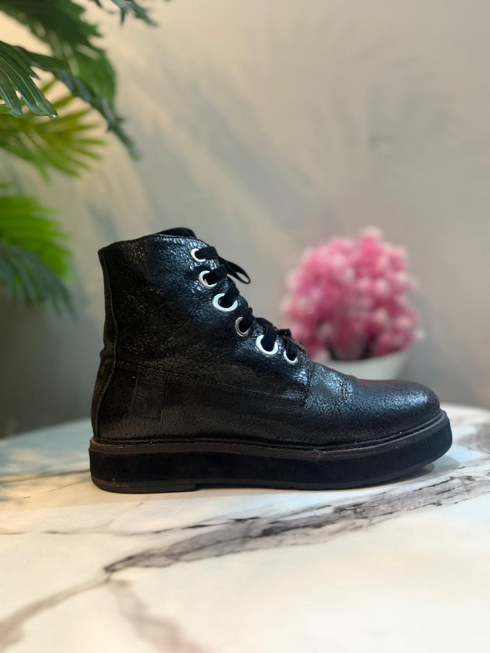 Black leather zipper lace up ankle boot (European brand)