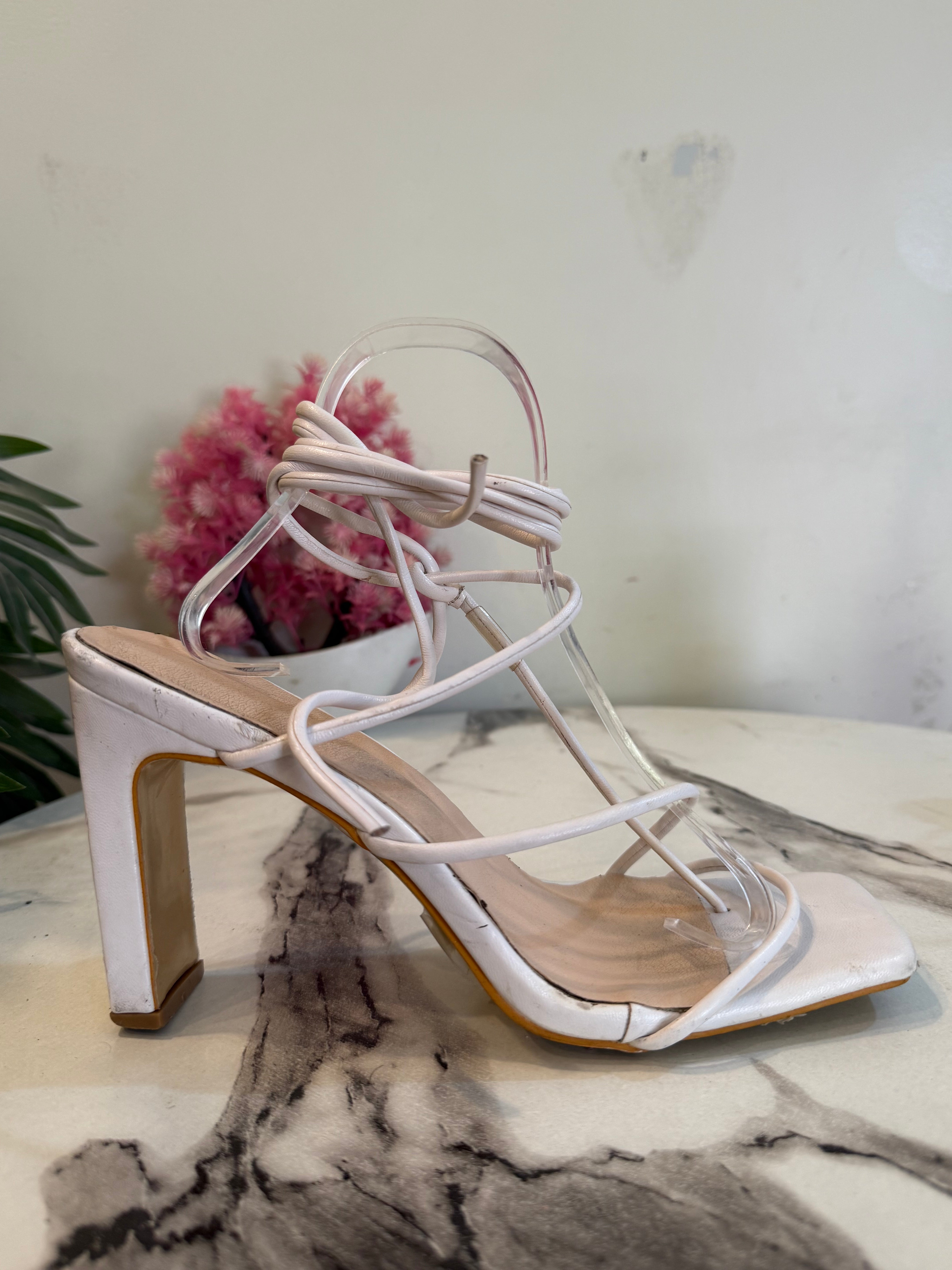 White lace-up block heel
