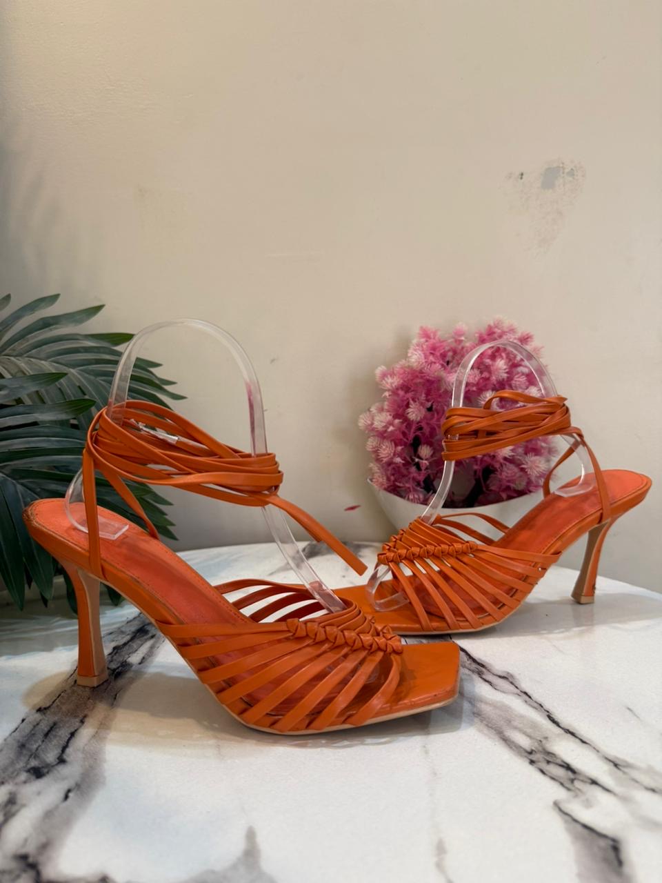 Orange laceup heel