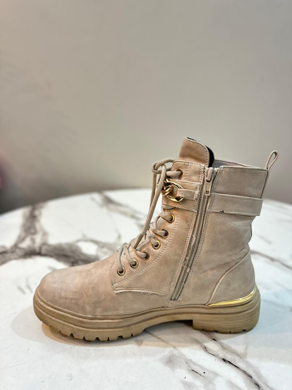 Light beige suede zipper lace up ankle boot (ken)