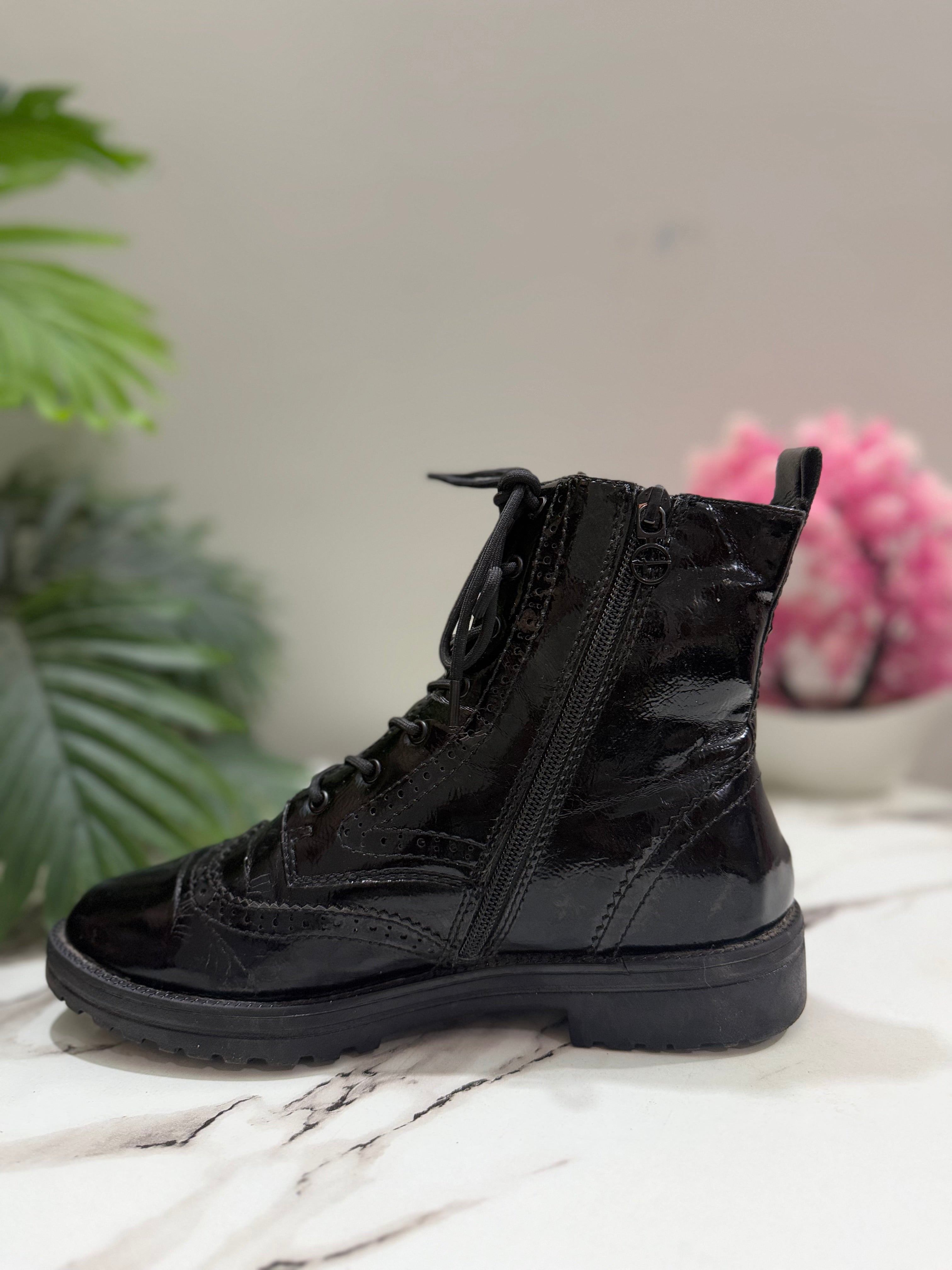Black patent leather laceup zipper ankle boot (tamaris )
