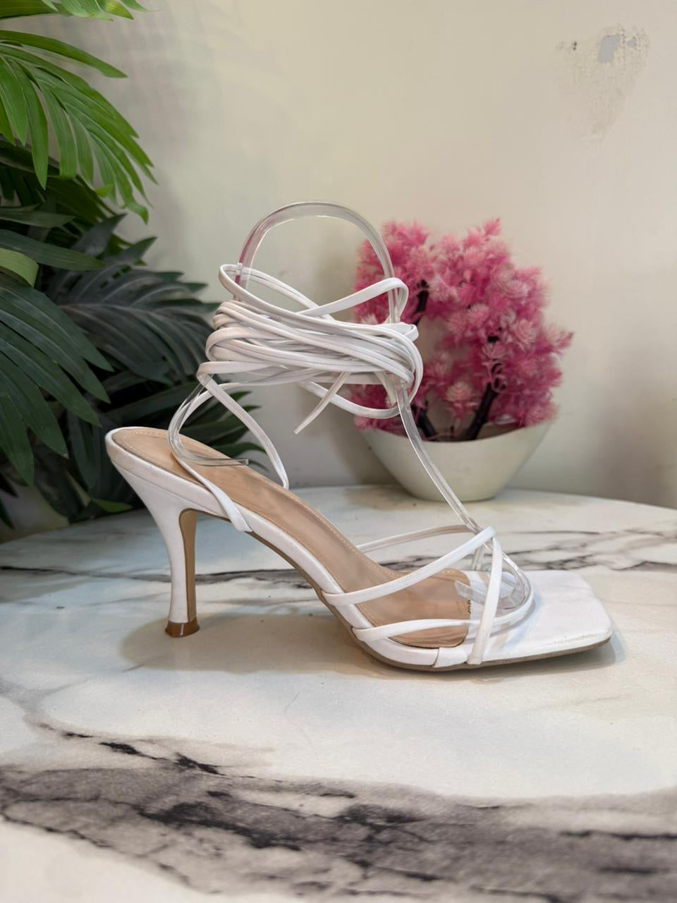 White laceup kitten heel