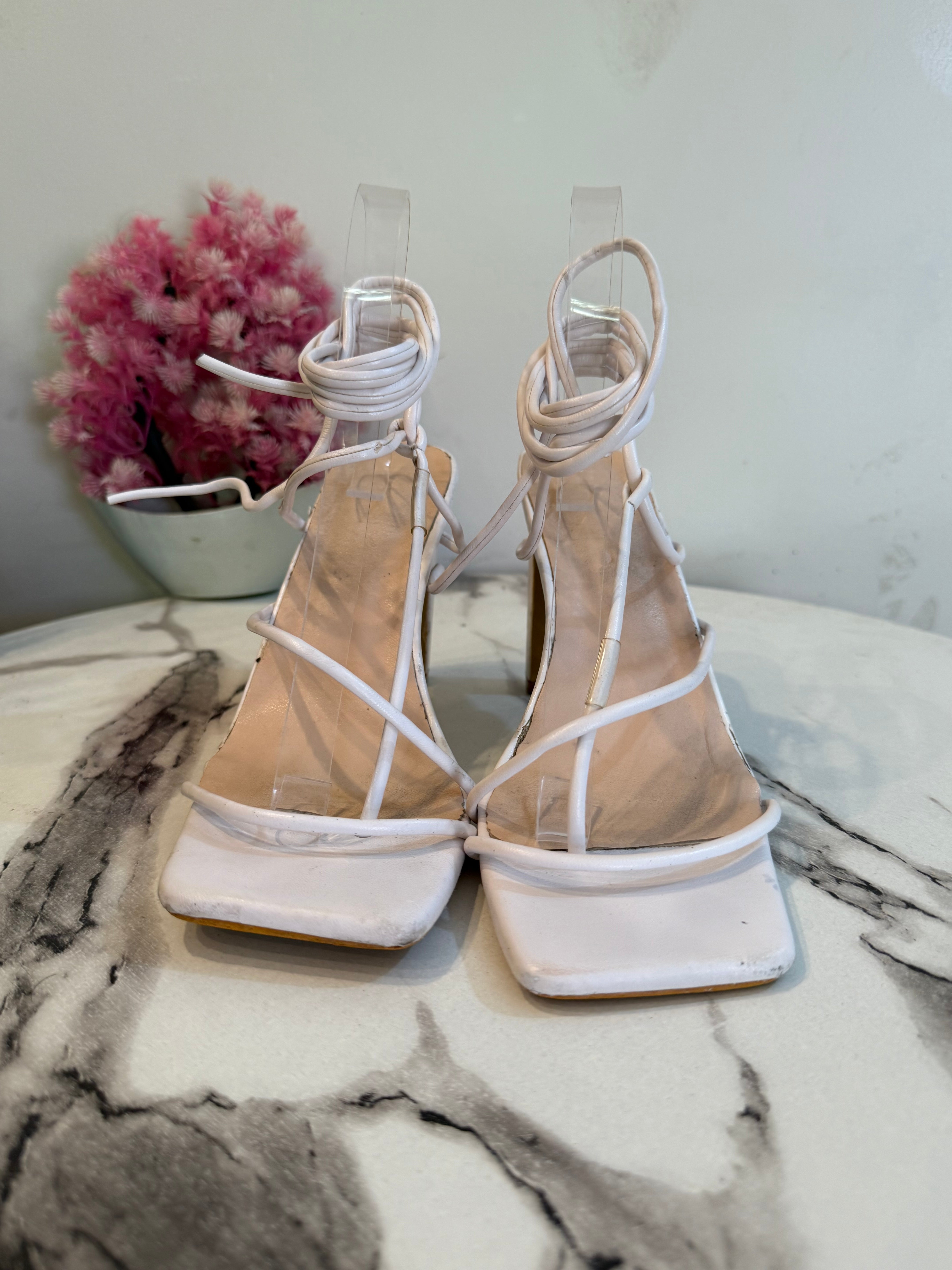 White lace-up block heel