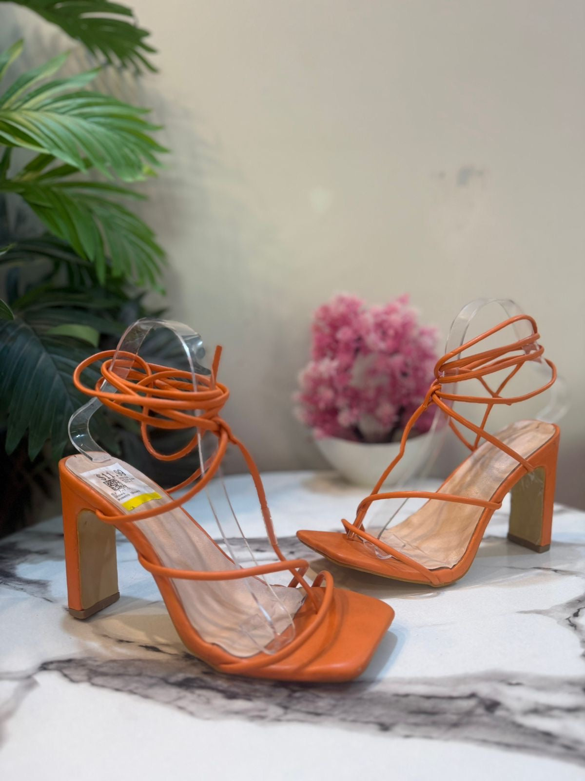 Orange laceup block heel