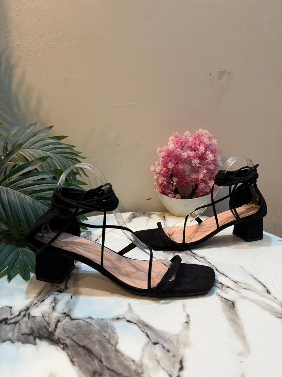 Black laceup kitten heel