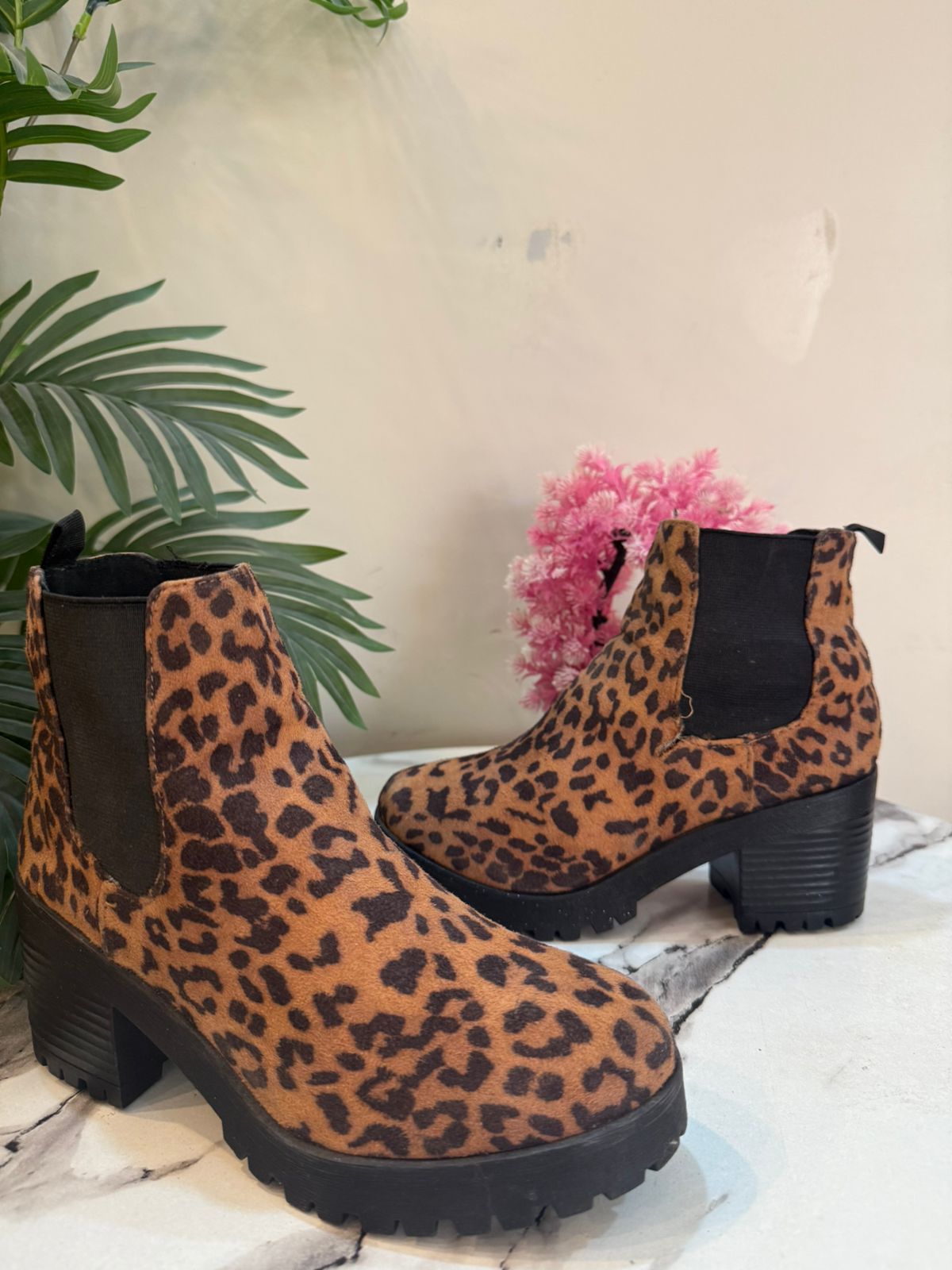 Suede cheetah print ankle boot