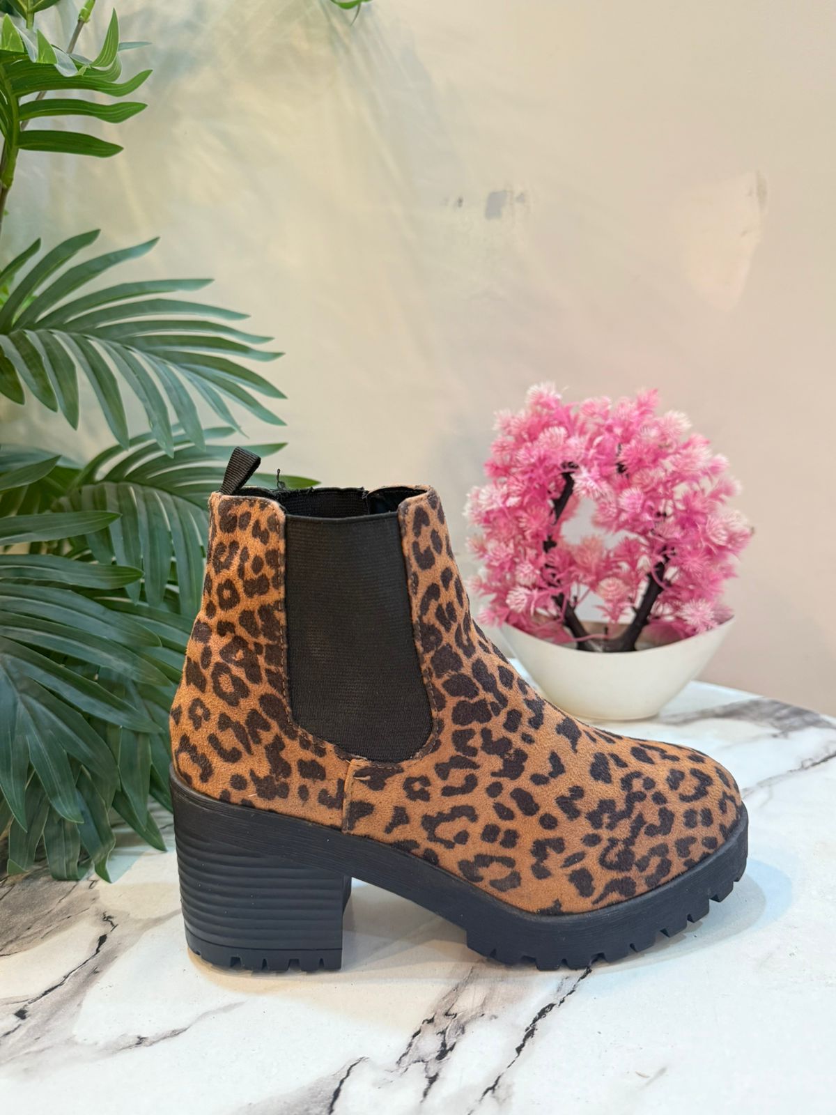 Suede cheetah print ankle boot