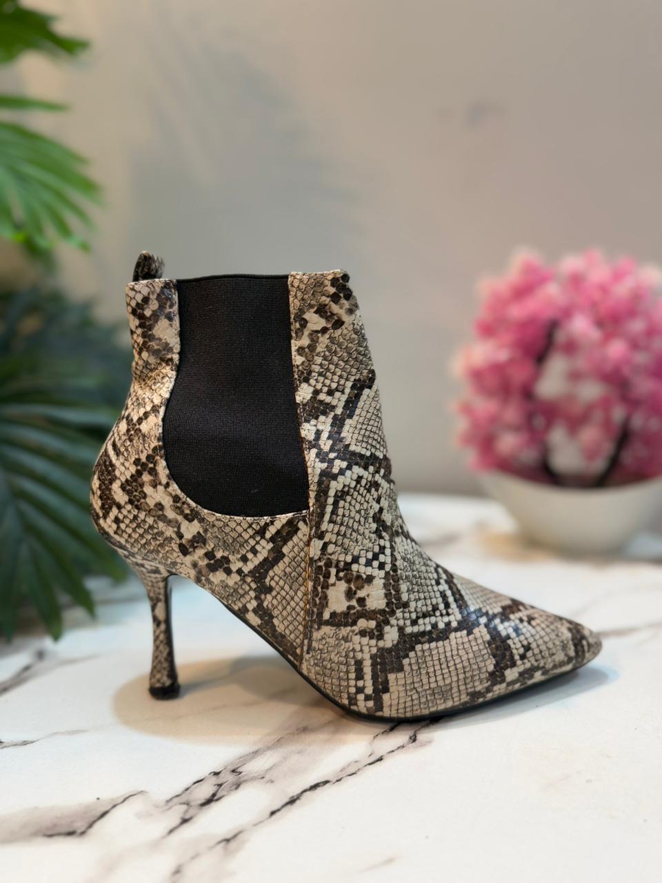 Snake print heeled ankle boot (4th Reckless)