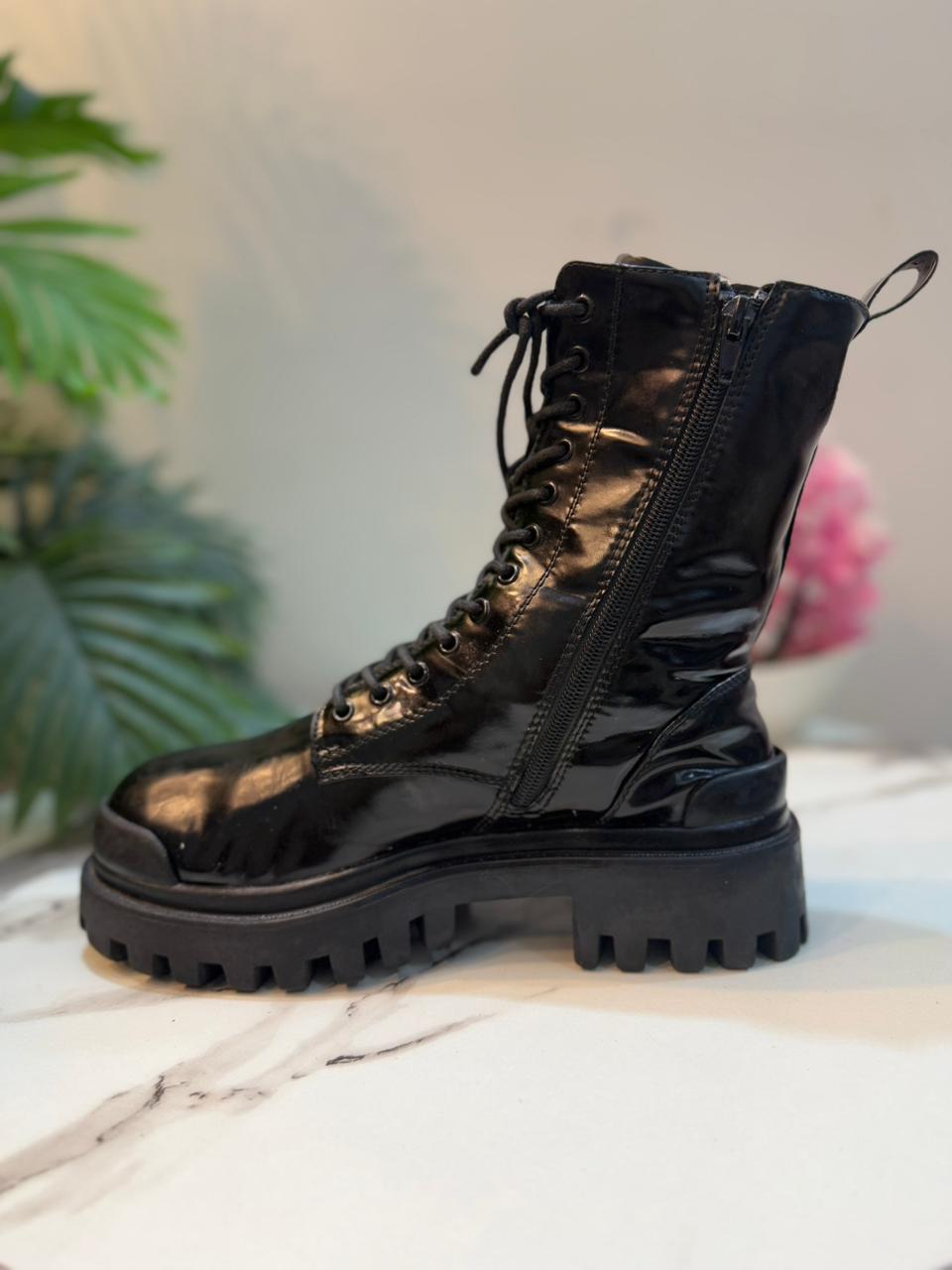 Black patent leather laceup zipper ankle boot (Asos)