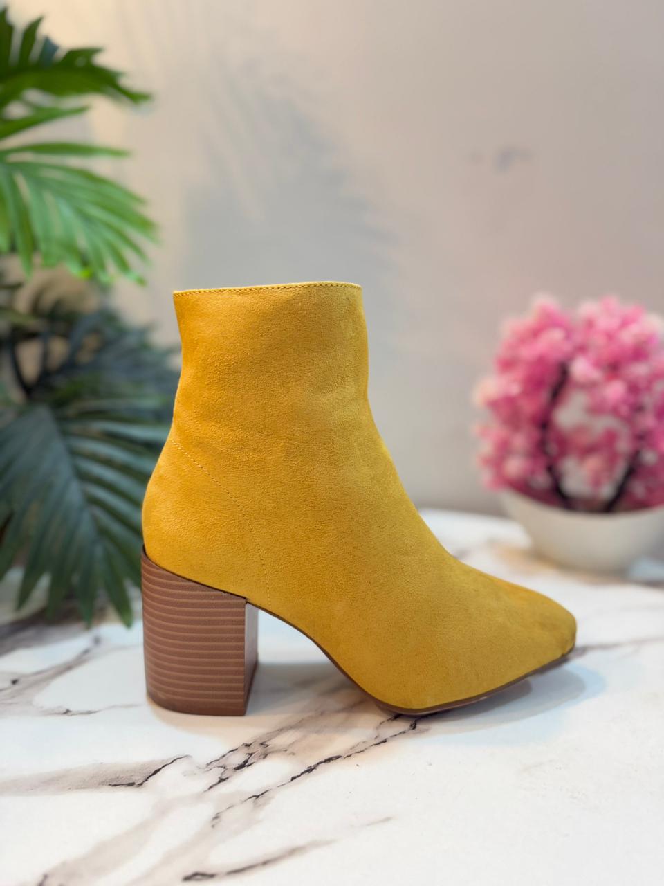 Yellow suede zipper ankle boot