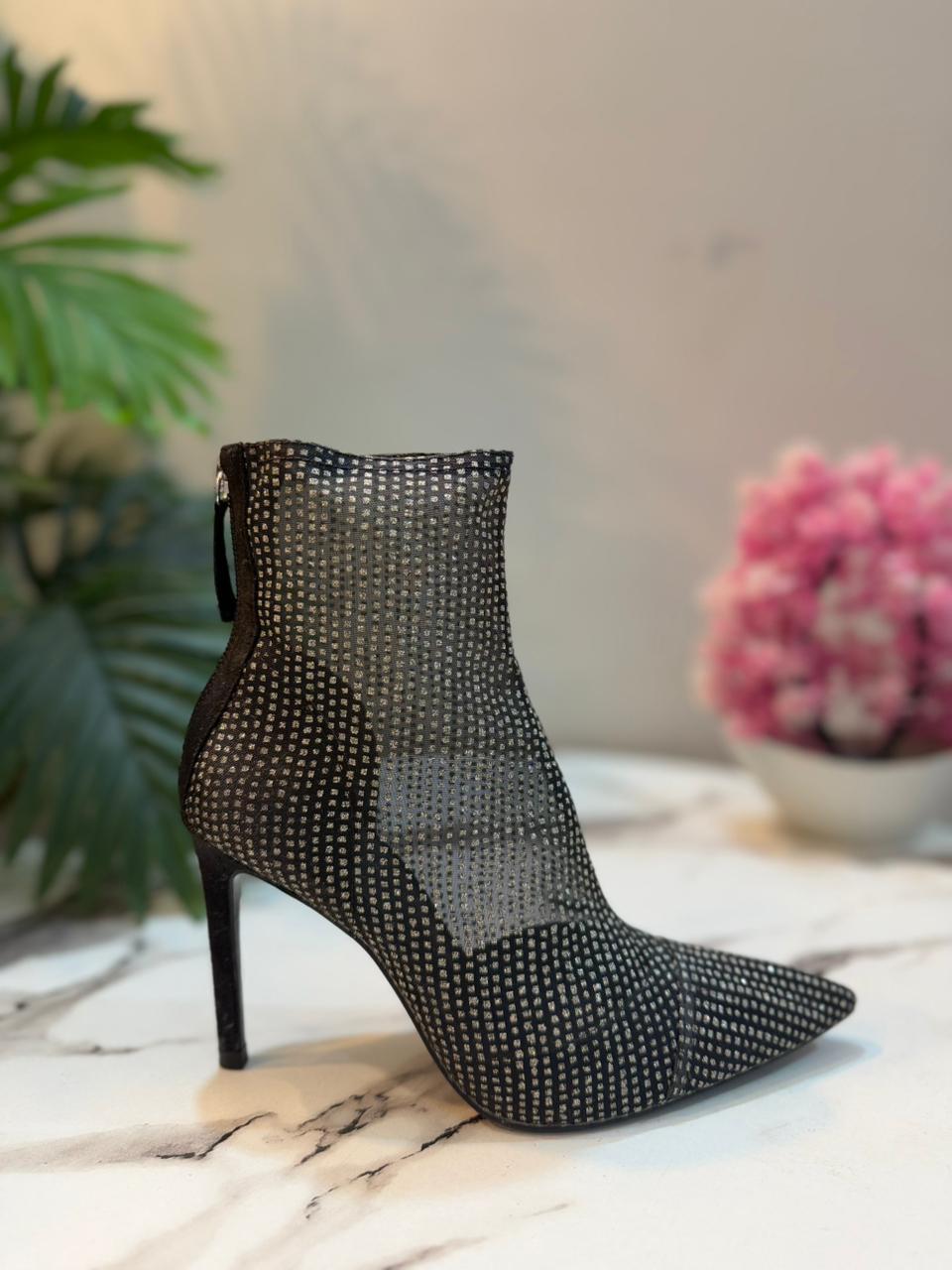 Black sequinned net heeled boot (Zara)