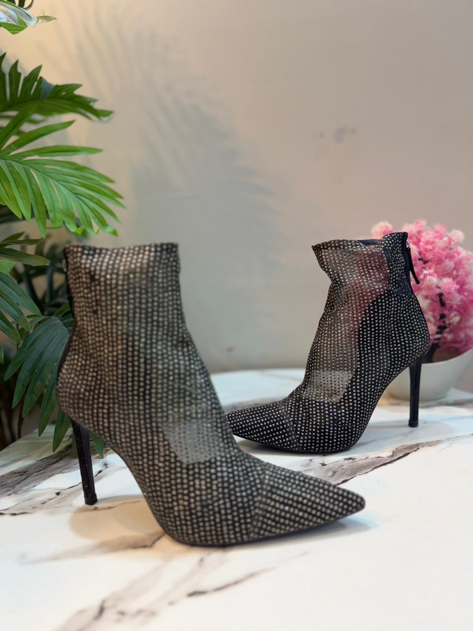 Black sequinned net heeled boot (Zara)