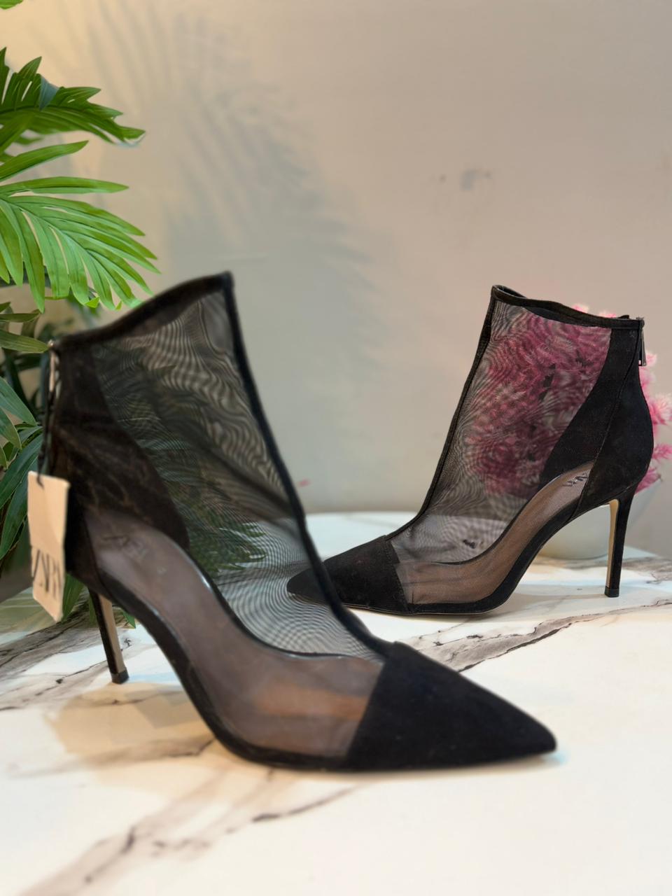 Black net heeled boot (Zara)