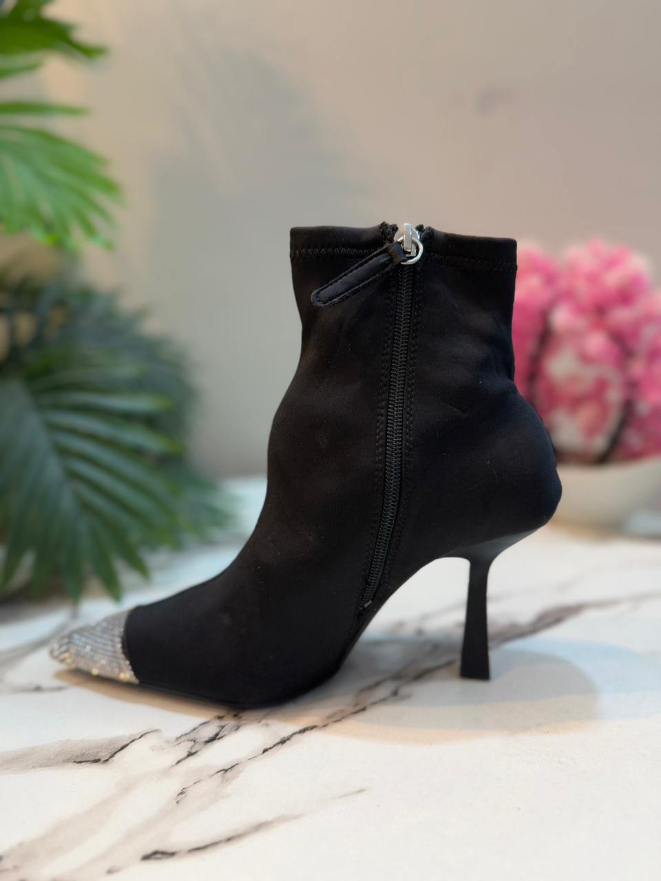 Black satin heeled ankle boots