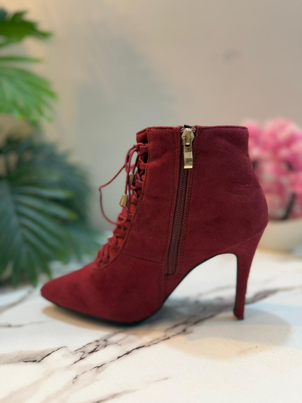 Vine red suede laceup heeled boot(Unknown)