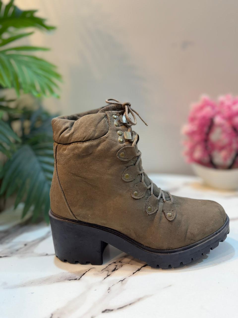 Olive green laceup suede ankle boot