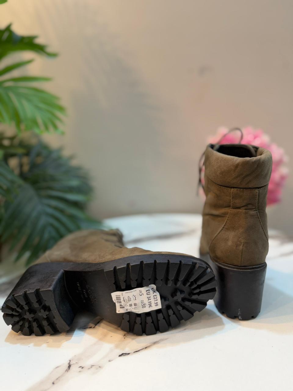 Olive green laceup suede ankle boot