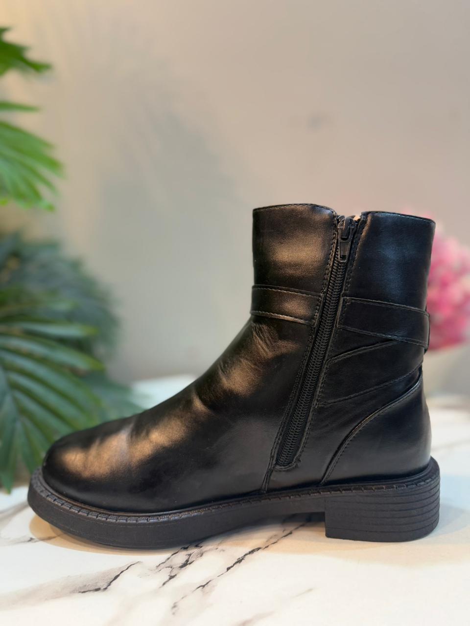Black leather zipper ankle boot with buckle (Graceland)