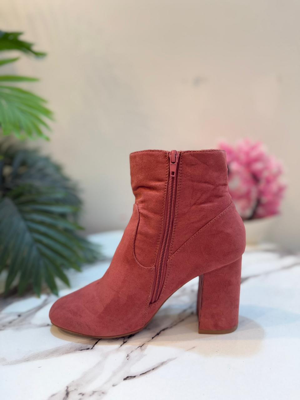 Pink suede zipper ankle boot (just fab)