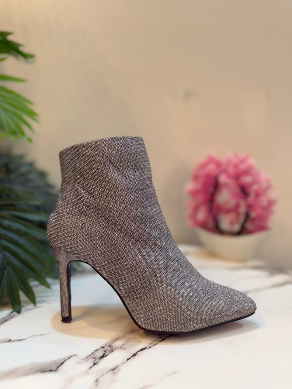 Silver shimmer leather heeled zipper ankle boot (Sacha essential)
