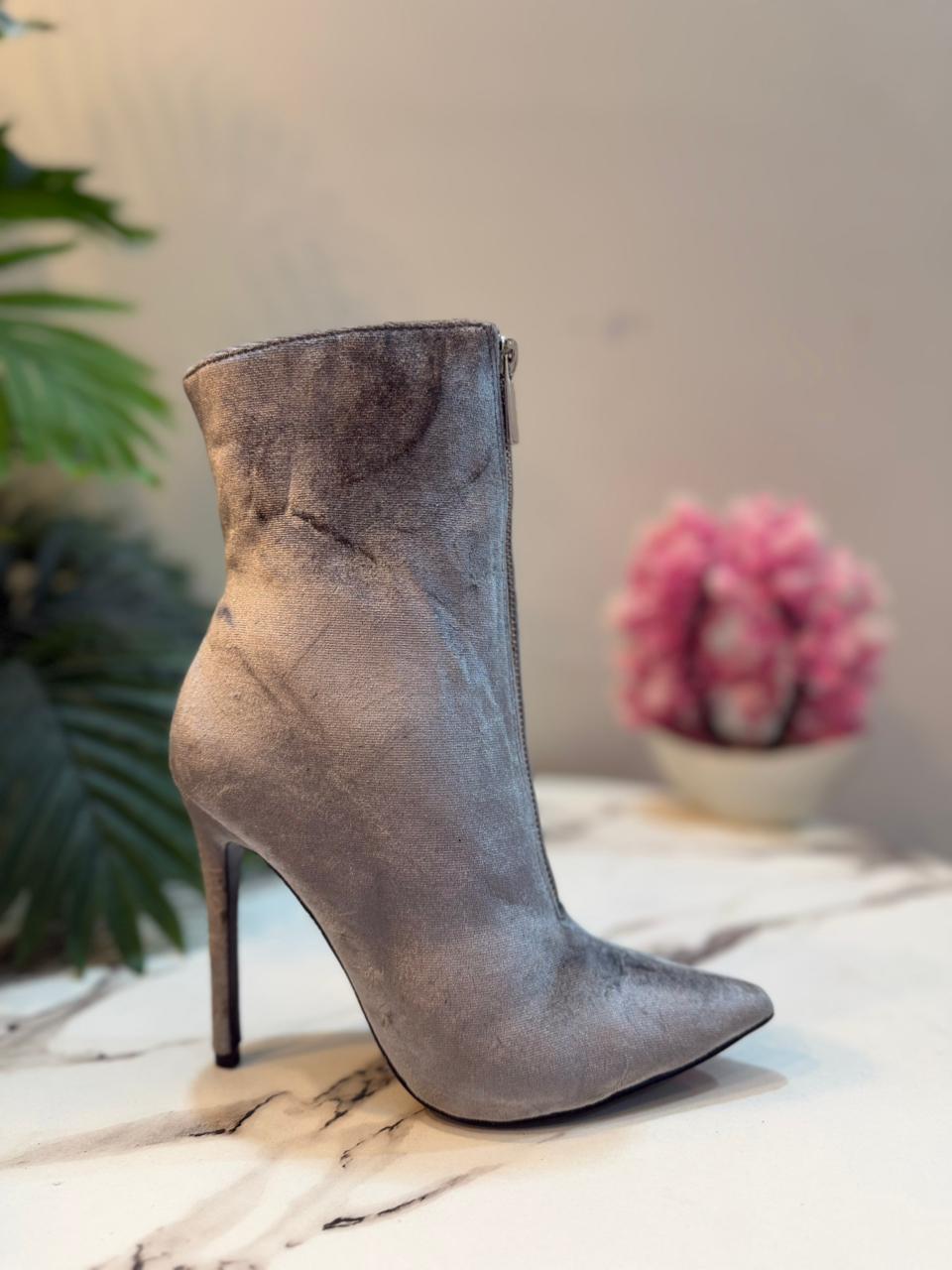 Grey velvet front zipper heeled ankle boot (just fab)